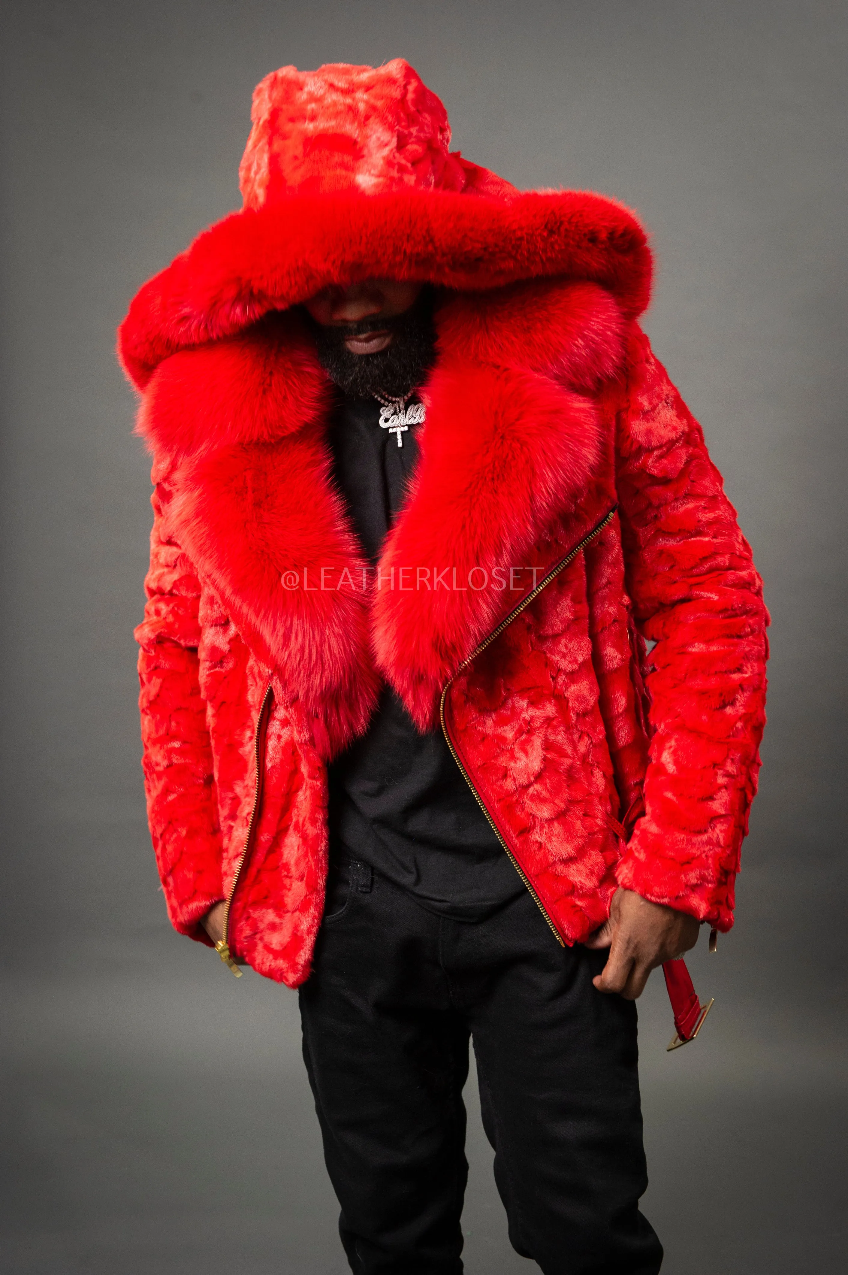 Mens Red Mink Biker Jacket