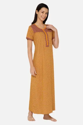 Naidu Hall A-line Front Open Women's Nighty Full Length Half Sleeve - Mustard- R125