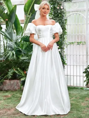 Off Shoulder Puff Sleeve Satin Wedding Dress