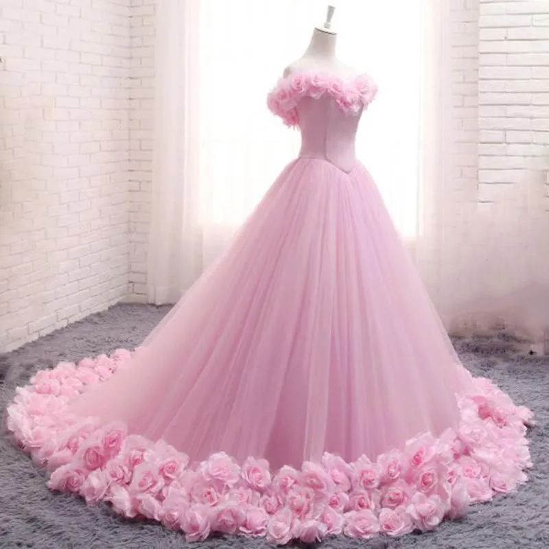 Off the Shoulder Ball Gown Prom Dress Flowers Decorated Wedding Gowns with Train #ER2172