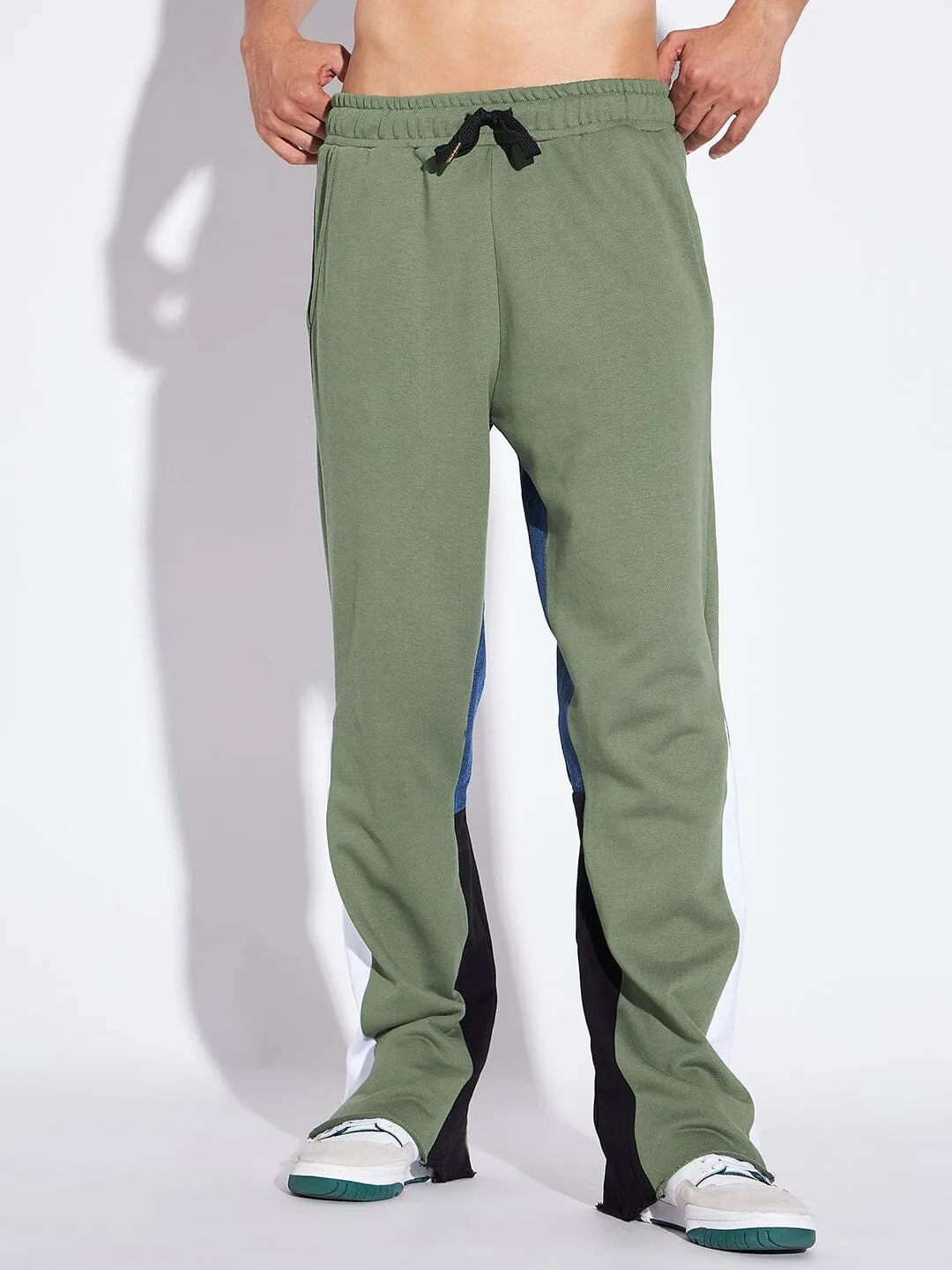 Olive Denim Panel Flared Trackpants