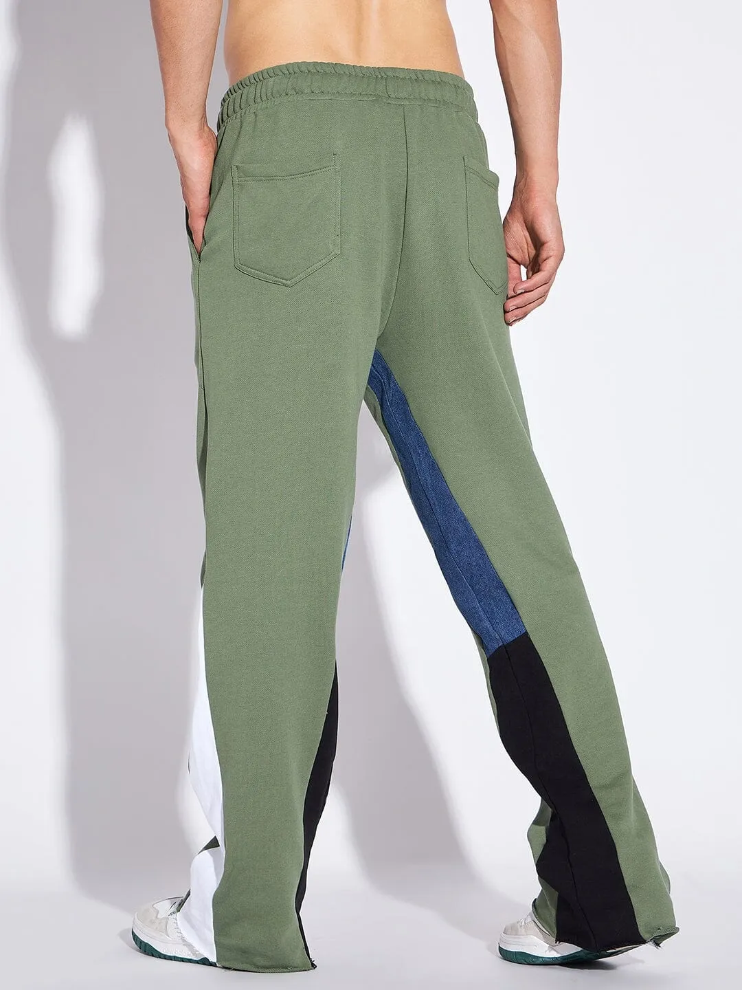 Olive Denim Panel Flared Trackpants