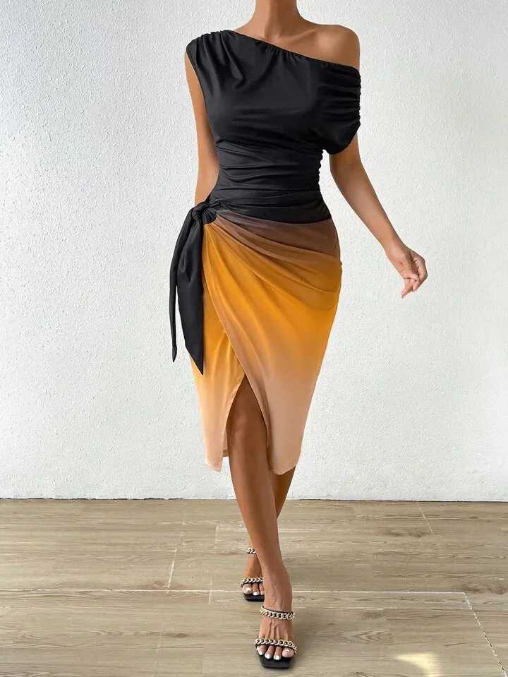 Ombre asymmetrical neck knot side wrap hem dress