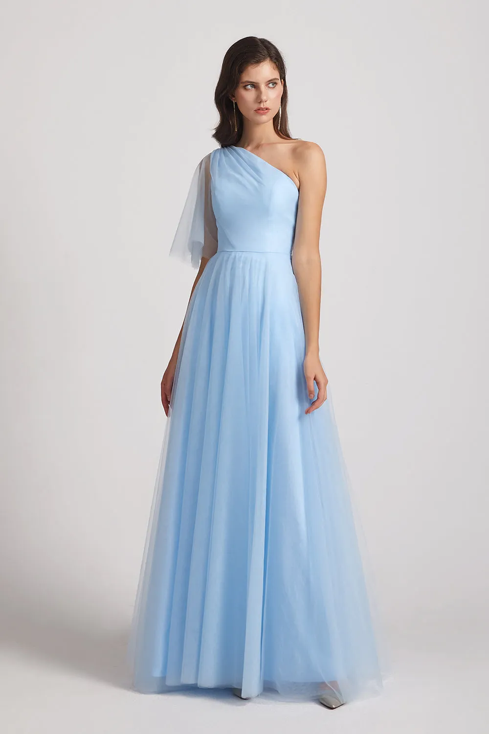 One Shoulder Flutter Sleeve A-Line Tulle Long Blue Bridesmaid Dresses (AF0045)