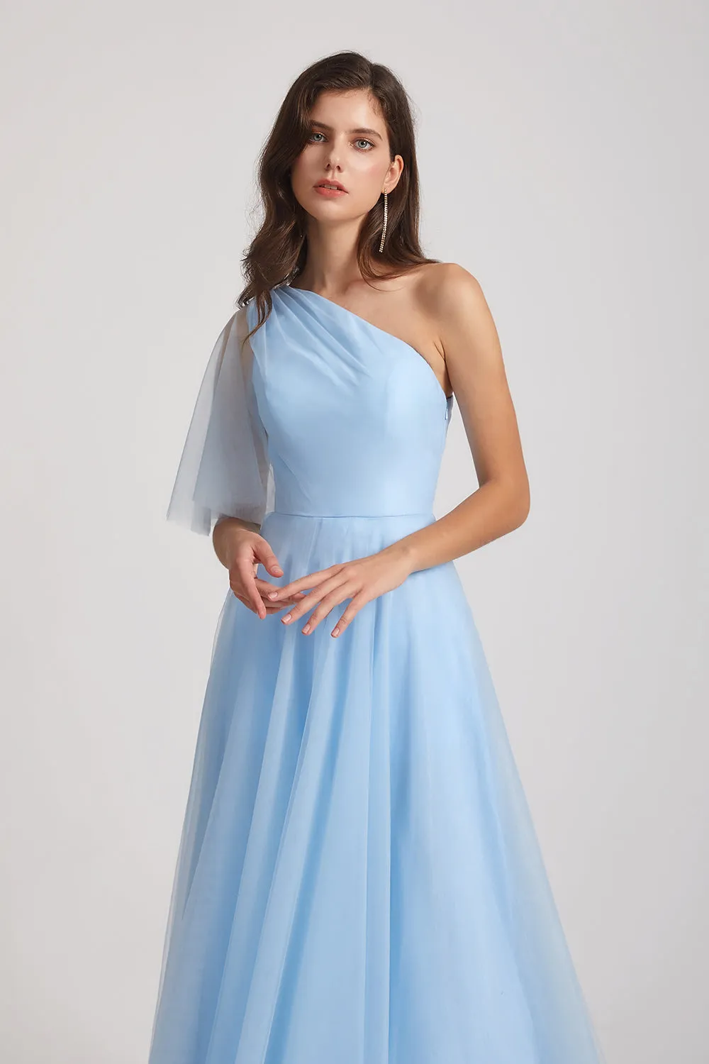 One Shoulder Flutter Sleeve A-Line Tulle Long Blue Bridesmaid Dresses (AF0045)