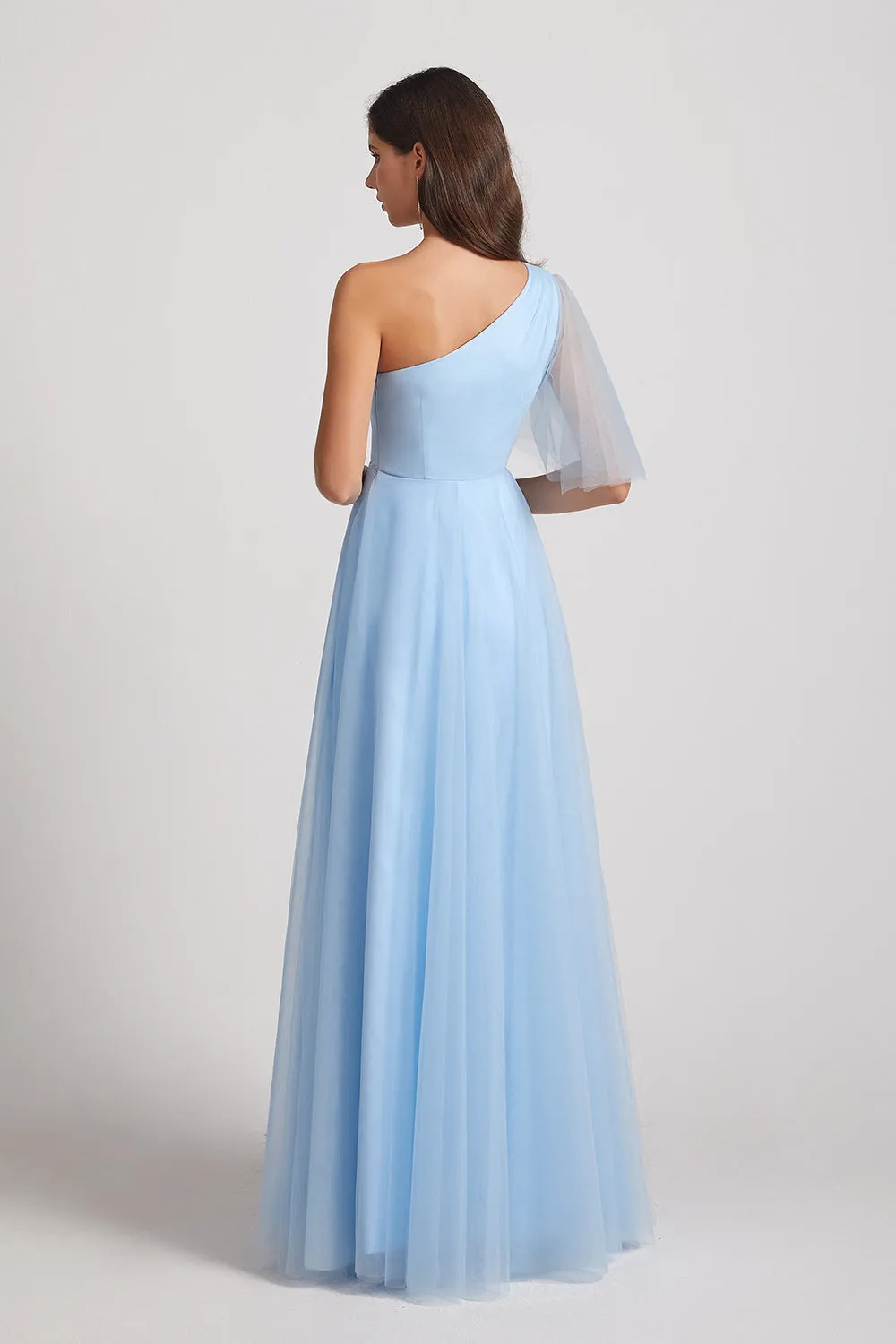 One Shoulder Flutter Sleeve A-Line Tulle Long Blue Bridesmaid Dresses (AF0045)