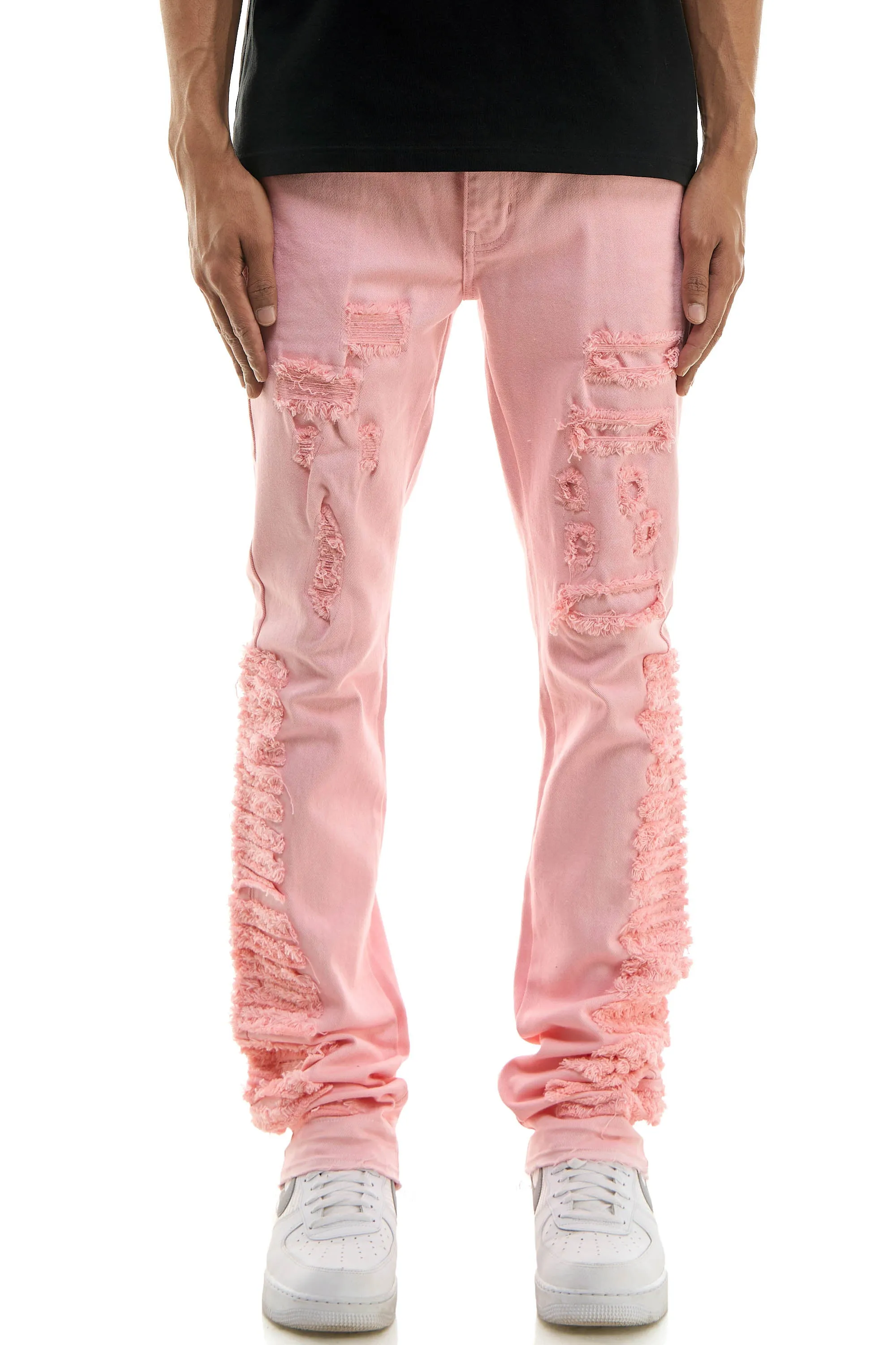 Ripped Patched Skinny Pink Men's Stacked Jeans