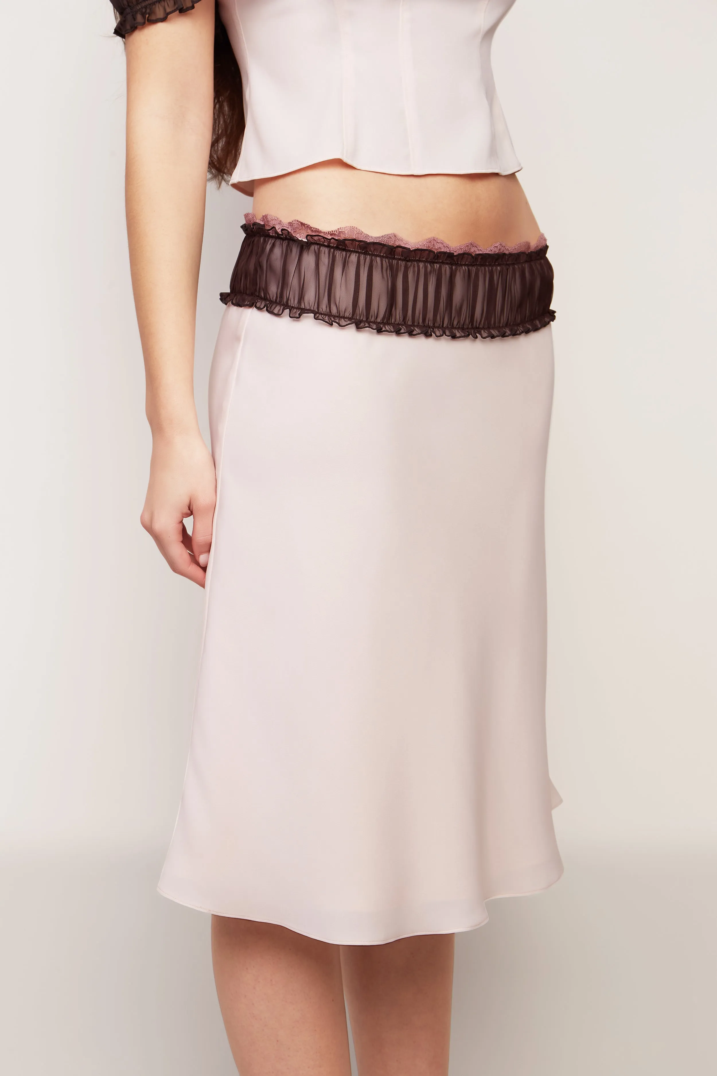 Ruched Chiffon Lace Midi Skirt