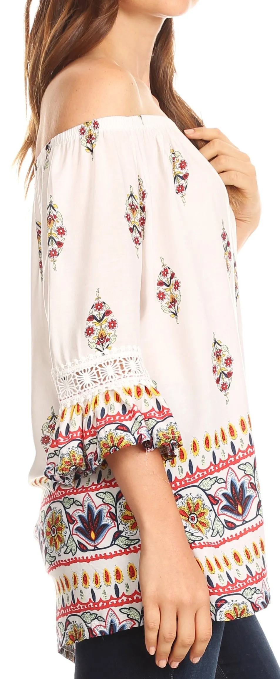 Sakkas Licia Peasant Boho Off-shoulder Top Blouse Floral Paisley with Crochet Lace