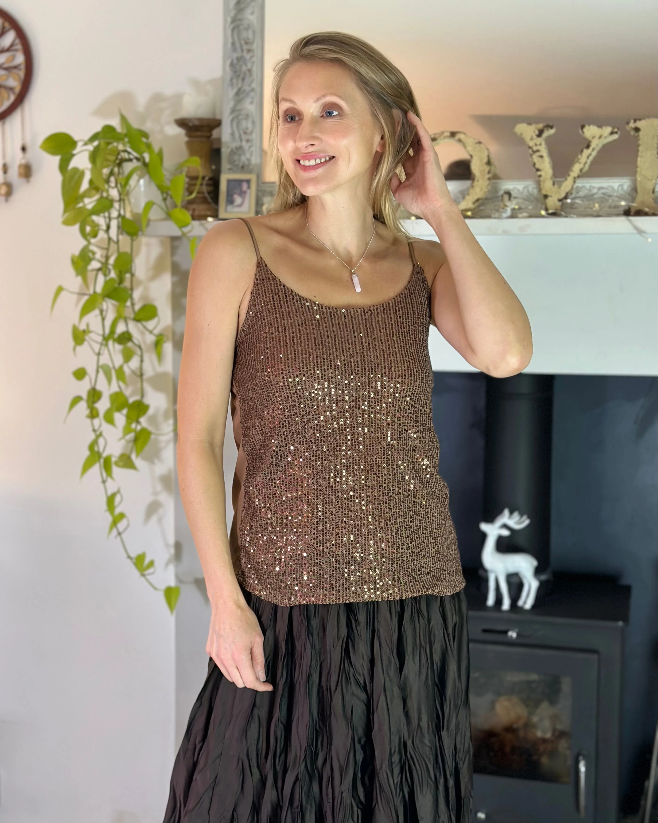 Sequin Camisole Top - Dark Caramel