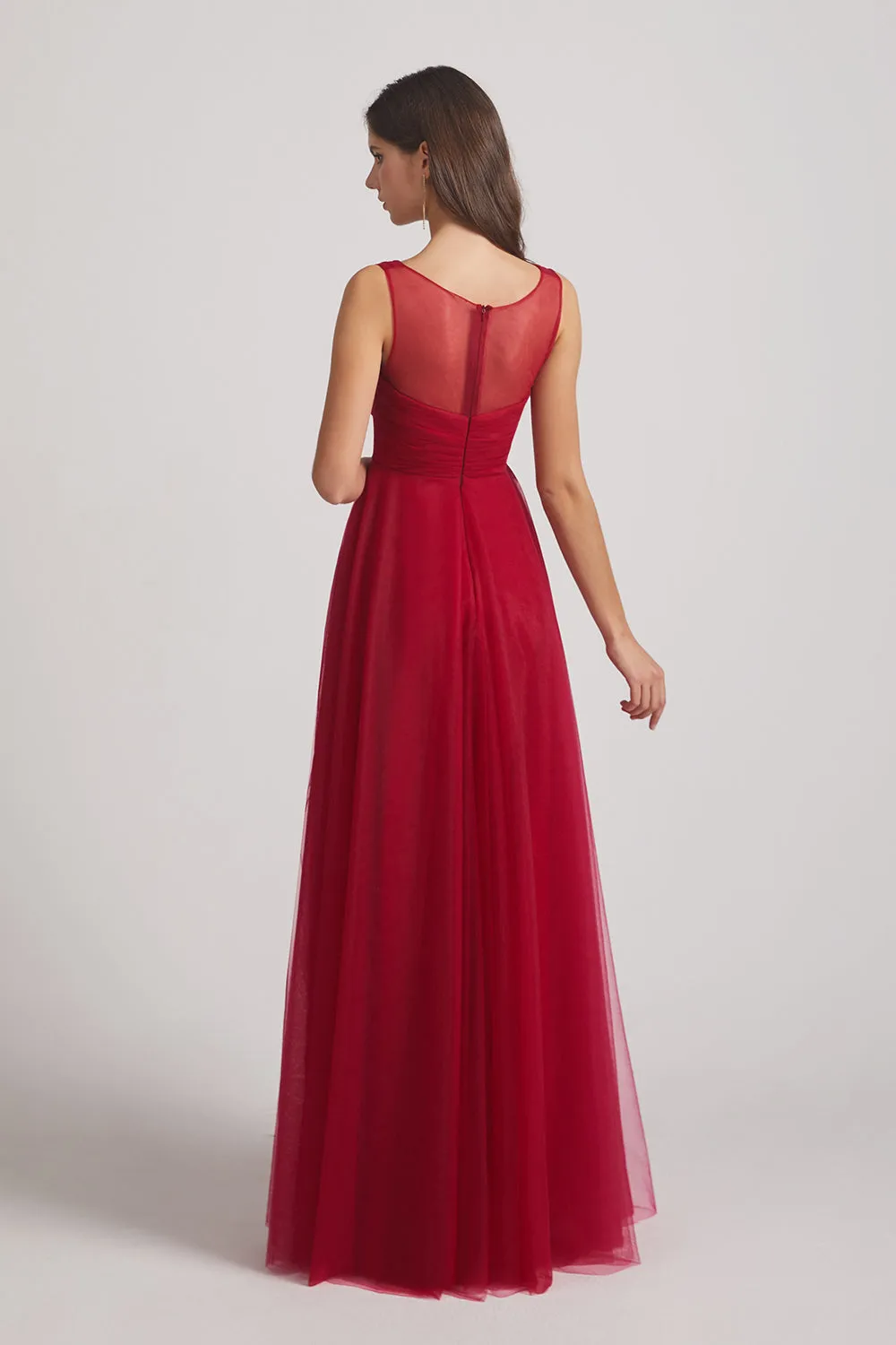 V-Neck Sleeveless A-Line Tulle Pleated Long Bridesmaid Dresses (AF0108)