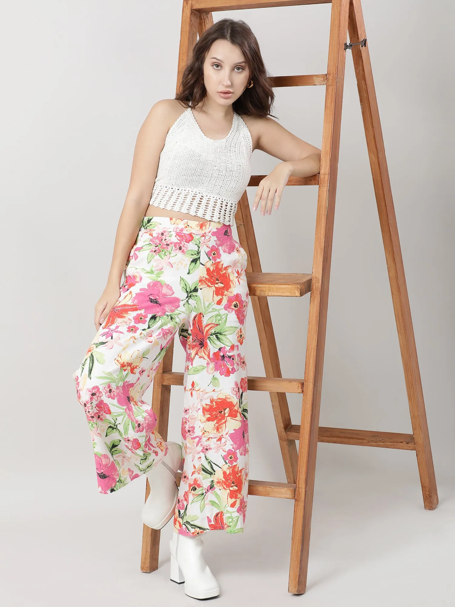 Women Loose Fit Pink Floral Print Pants