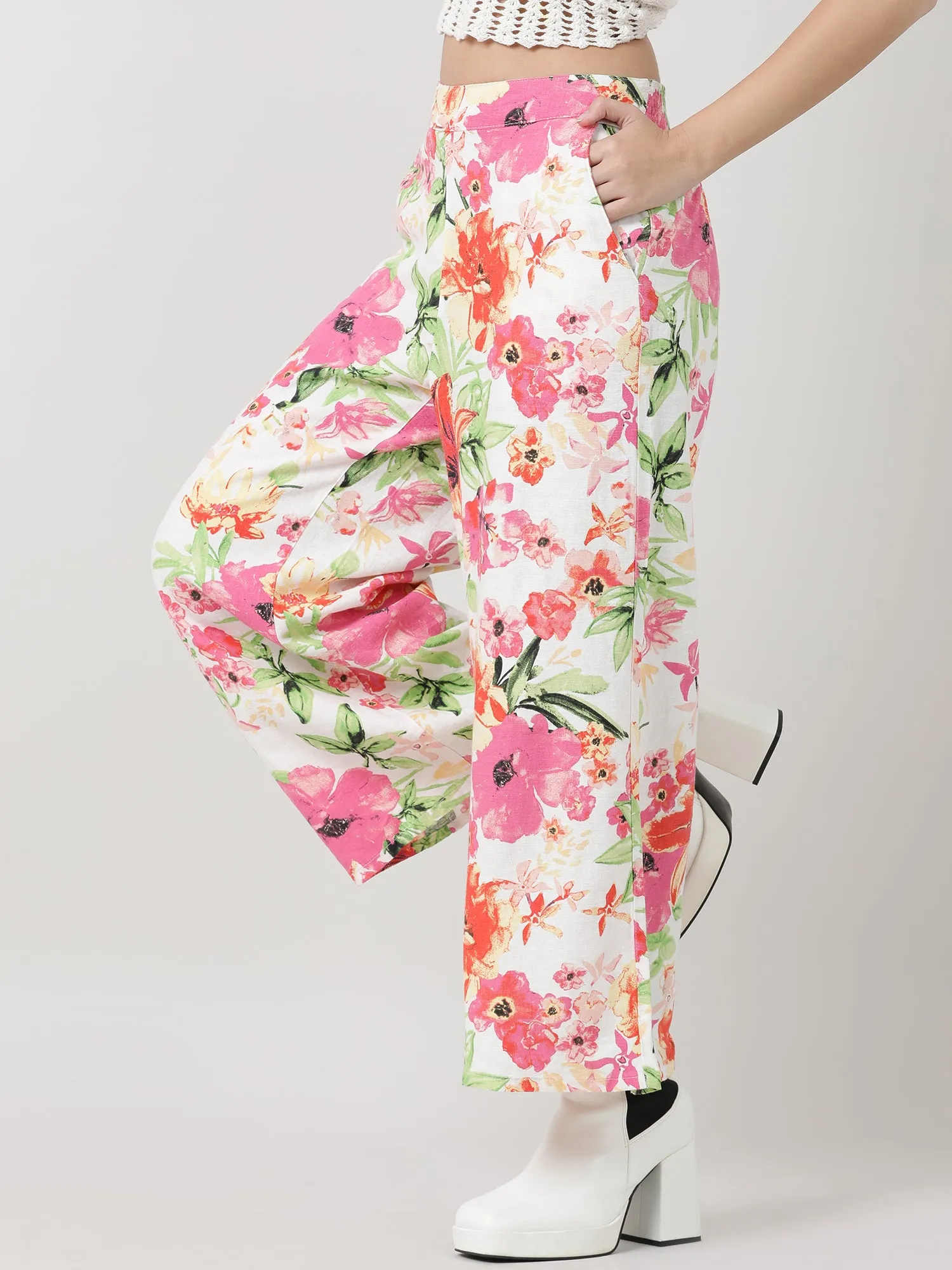 Women Loose Fit Pink Floral Print Pants