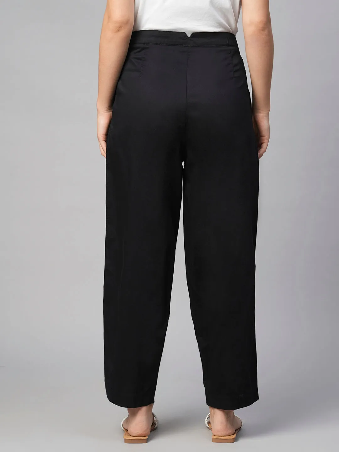 Women's Black Cotton Elastane Regular Fit Pant