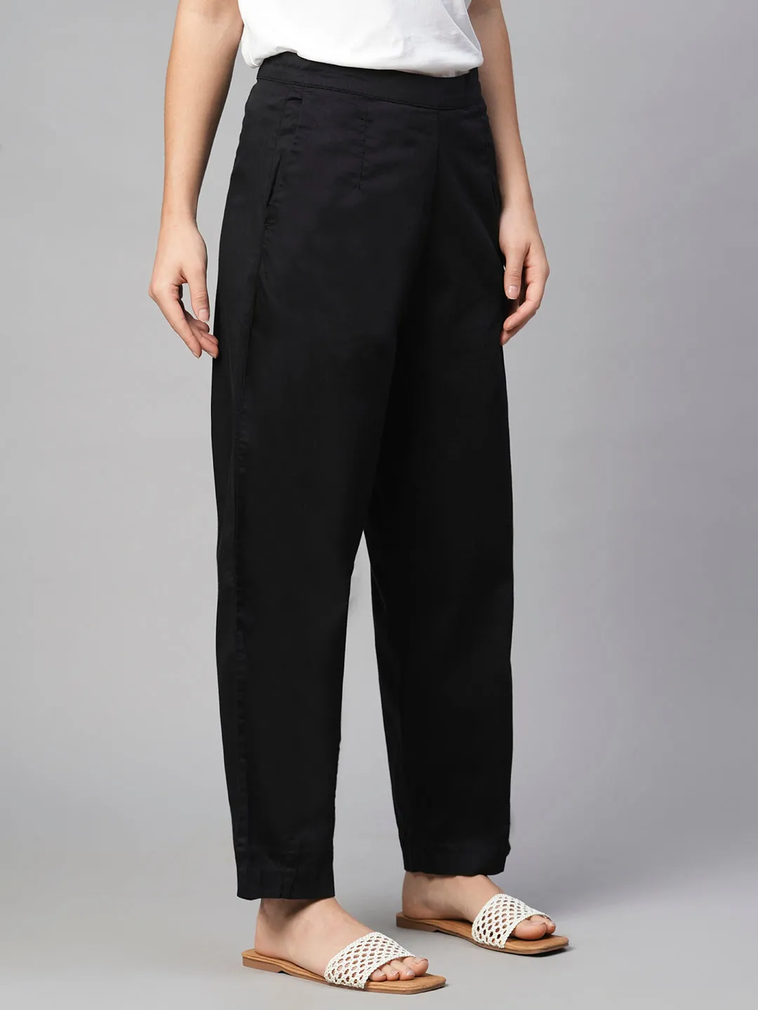 Women's Black Cotton Elastane Regular Fit Pant