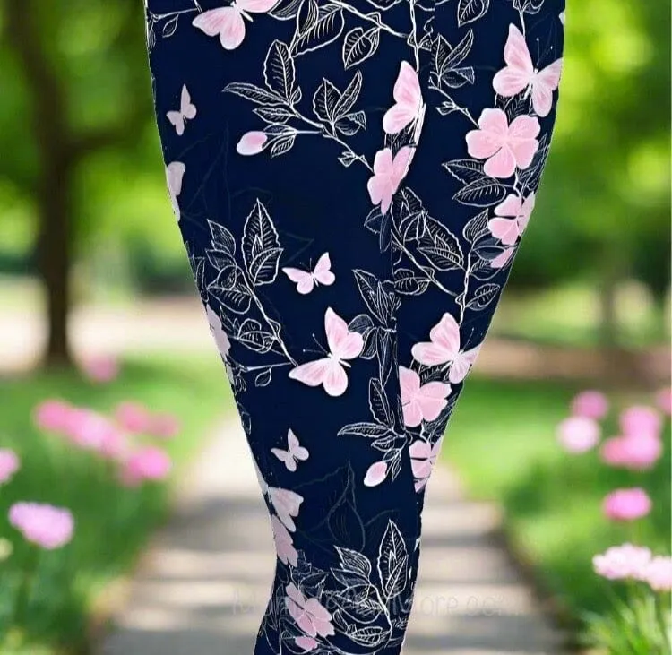 Womens Pink Butterfly Leggings, Soft Yoga Pants, Sizes 0-22, No-Roll Waist, Pink/Black