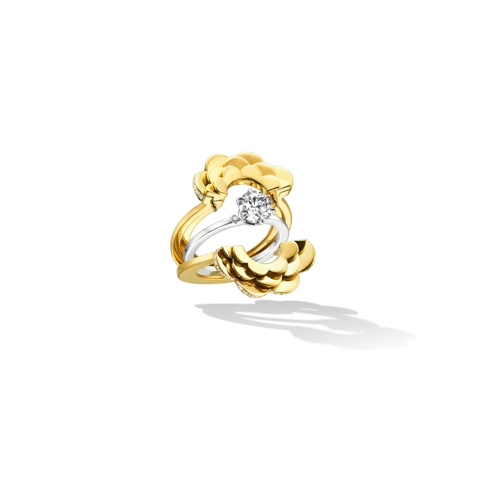 Yellow Gold TU Trio Flower Engagement Ring Enhancer with White Diamonds