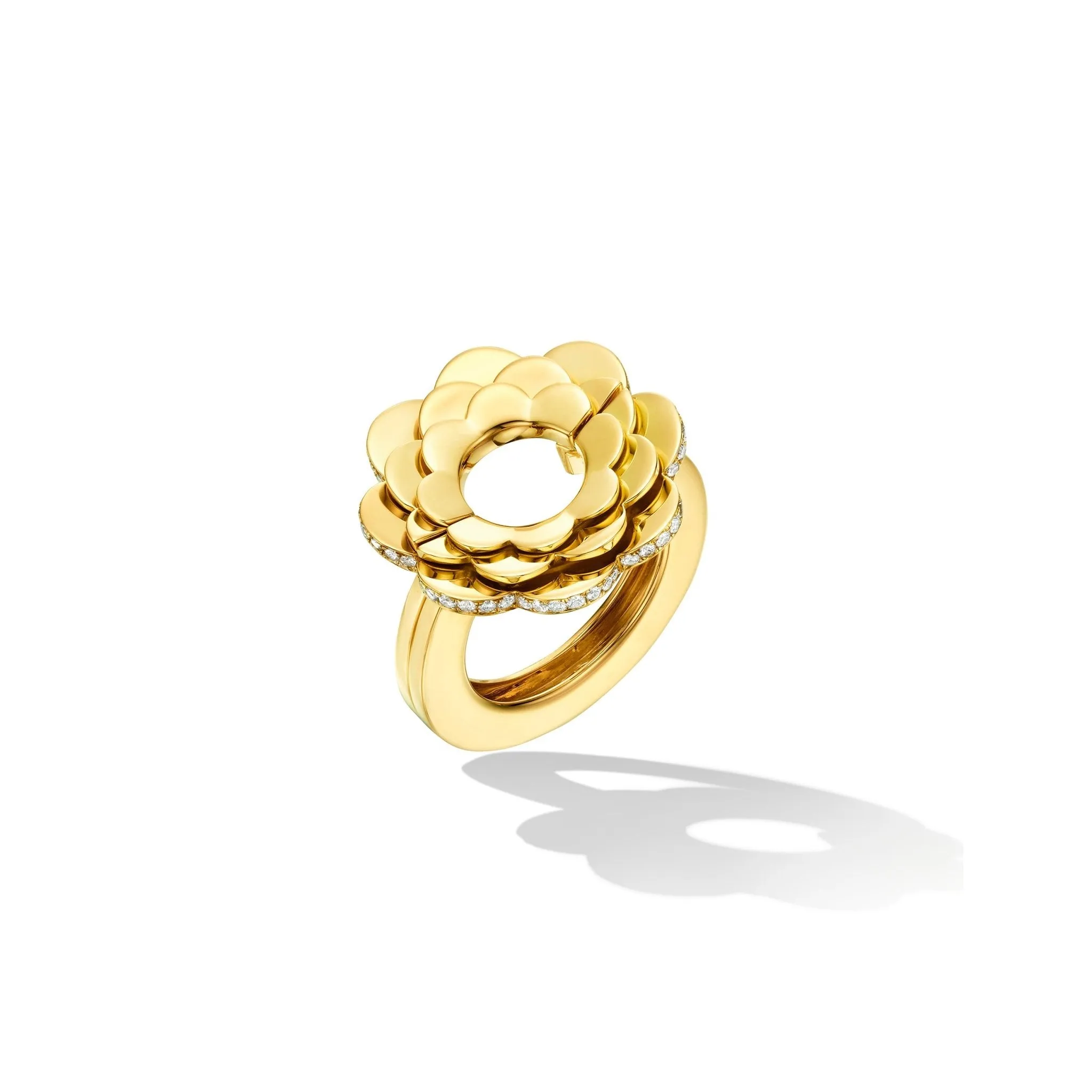 Yellow Gold TU Trio Flower Engagement Ring Enhancer with White Diamonds