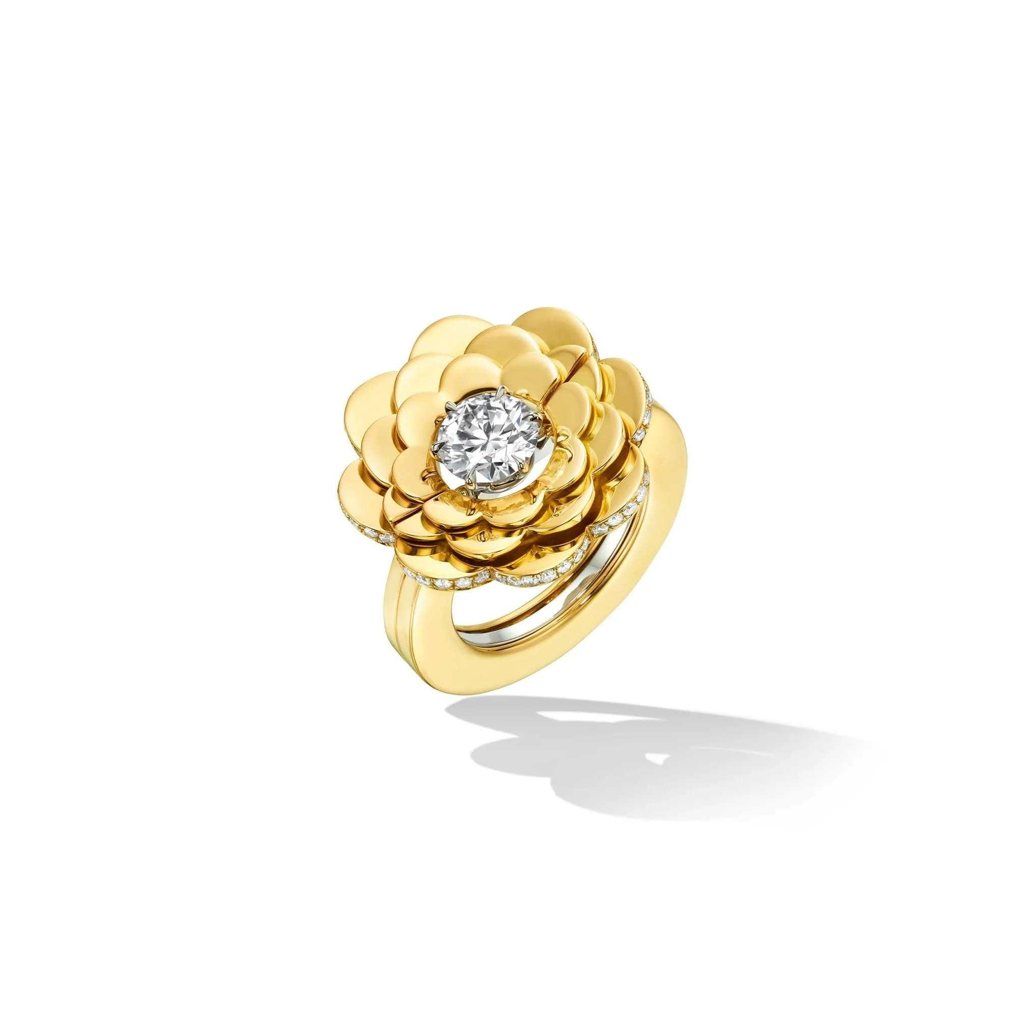 Yellow Gold TU Trio Flower Engagement Ring Enhancer with White Diamonds